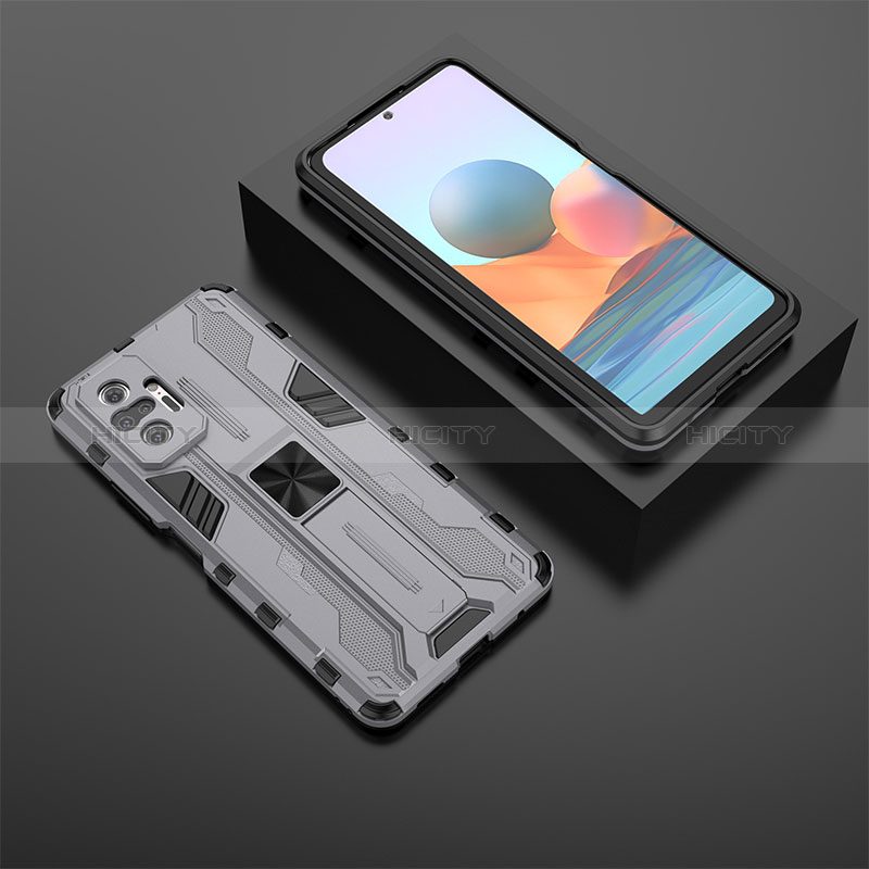 Funda Bumper Silicona y Plastico Mate Carcasa con Magnetico Soporte KC1 para Xiaomi Redmi Note 10 Pro 4G Gris