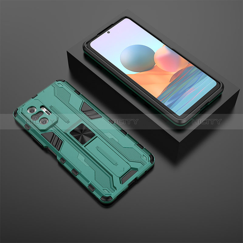 Funda Bumper Silicona y Plastico Mate Carcasa con Magnetico Soporte KC1 para Xiaomi Redmi Note 10 Pro 4G Verde