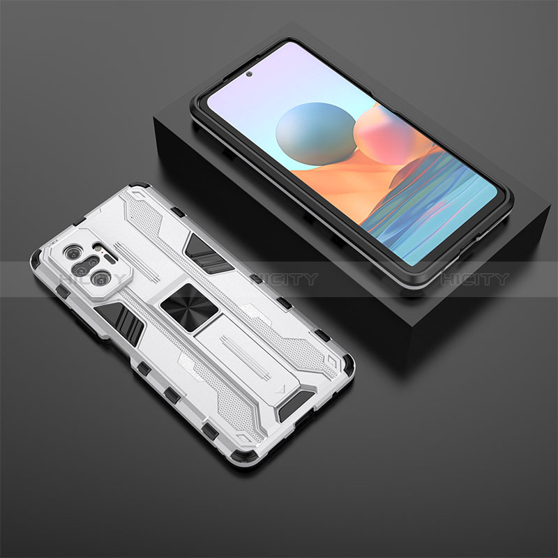 Funda Bumper Silicona y Plastico Mate Carcasa con Magnetico Soporte KC1 para Xiaomi Redmi Note 10 Pro Max Plata