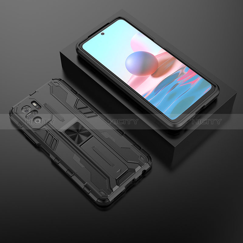 Funda Bumper Silicona y Plastico Mate Carcasa con Magnetico Soporte KC1 para Xiaomi Redmi Note 10S 4G Negro