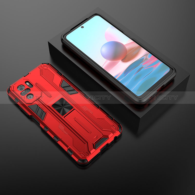 Funda Bumper Silicona y Plastico Mate Carcasa con Magnetico Soporte KC1 para Xiaomi Redmi Note 10S 4G Rojo