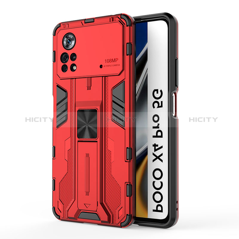 Funda Bumper Silicona y Plastico Mate Carcasa con Magnetico Soporte KC1 para Xiaomi Redmi Note 11E Pro 5G Rojo