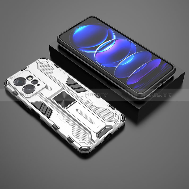 Funda Bumper Silicona y Plastico Mate Carcasa con Magnetico Soporte KC1 para Xiaomi Redmi Note 12 4G Plata