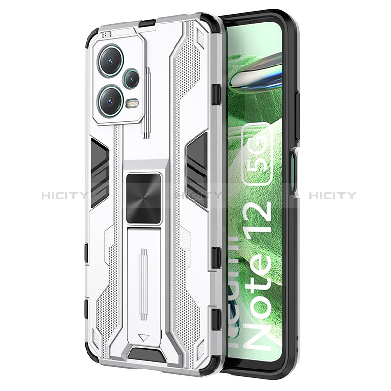 Funda Bumper Silicona y Plastico Mate Carcasa con Magnetico Soporte KC1 para Xiaomi Redmi Note 12 5G Plata