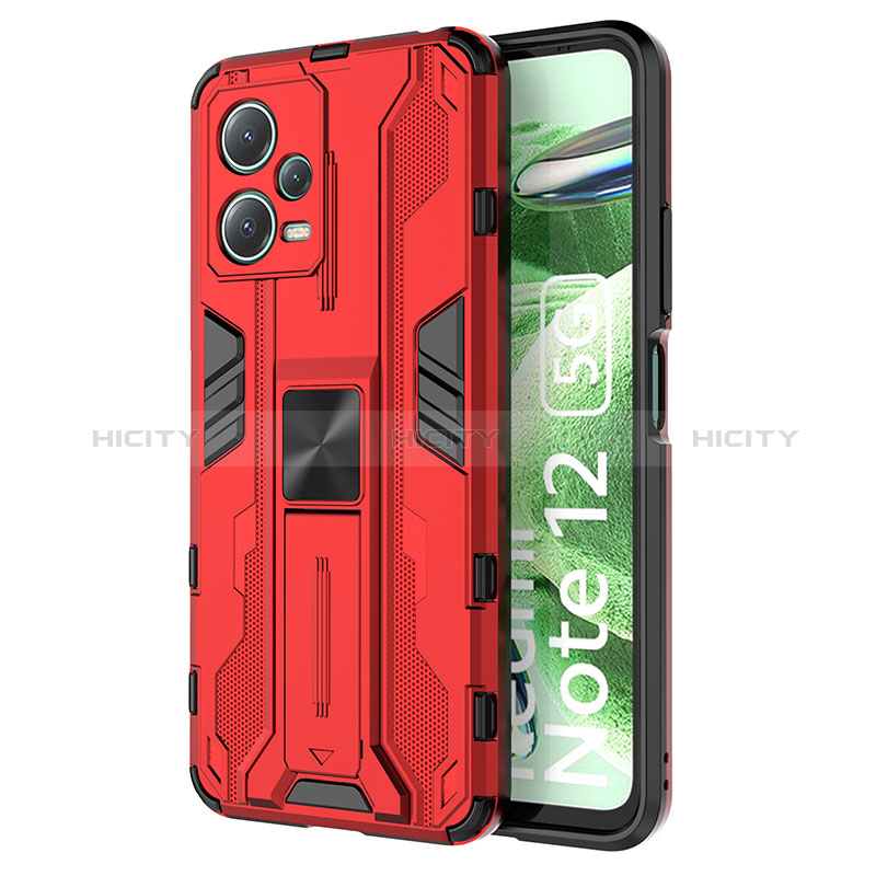 Funda Bumper Silicona y Plastico Mate Carcasa con Magnetico Soporte KC1 para Xiaomi Redmi Note 12 5G Rojo