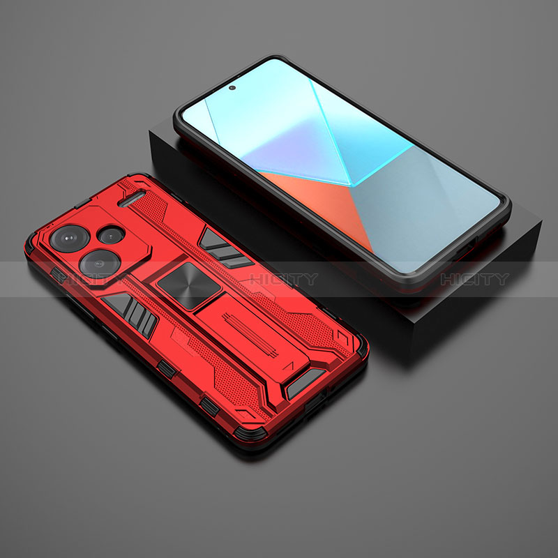 Funda Bumper Silicona y Plastico Mate Carcasa con Magnetico Soporte KC1 para Xiaomi Redmi Note 13 Pro+ Plus 5G Rojo