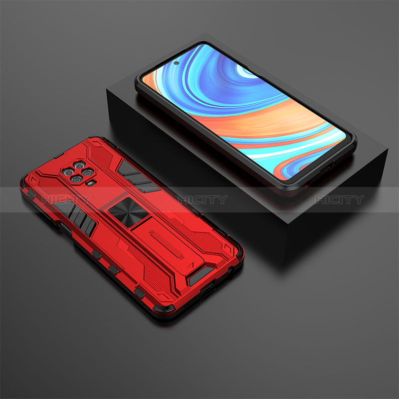 Funda Bumper Silicona y Plastico Mate Carcasa con Magnetico Soporte KC1 para Xiaomi Redmi Note 9 Pro Max Rojo