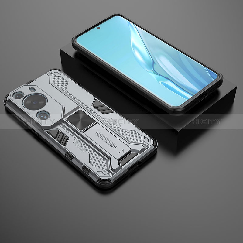 Funda Bumper Silicona y Plastico Mate Carcasa con Magnetico Soporte KC2 para Huawei P60 Art Gris