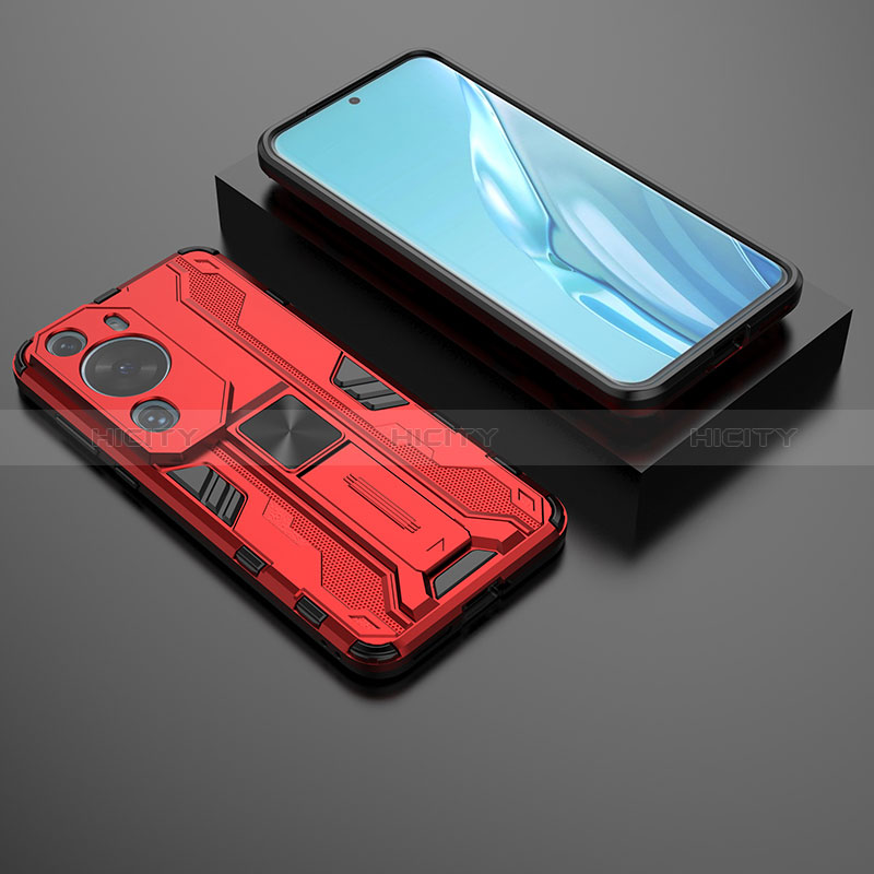 Funda Bumper Silicona y Plastico Mate Carcasa con Magnetico Soporte KC2 para Huawei P60 Art Rojo