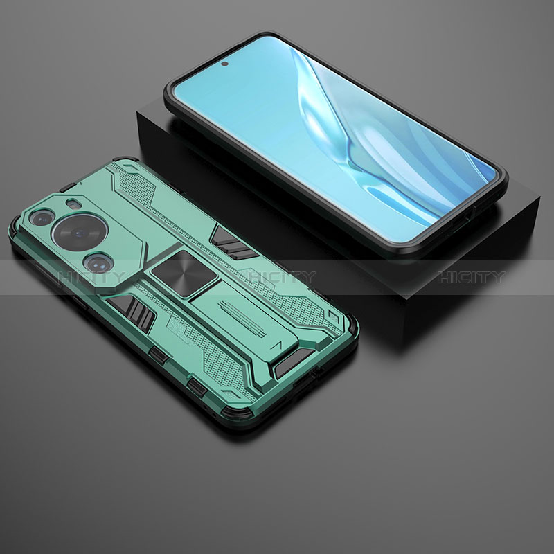 Funda Bumper Silicona y Plastico Mate Carcasa con Magnetico Soporte KC2 para Huawei P60 Art Verde