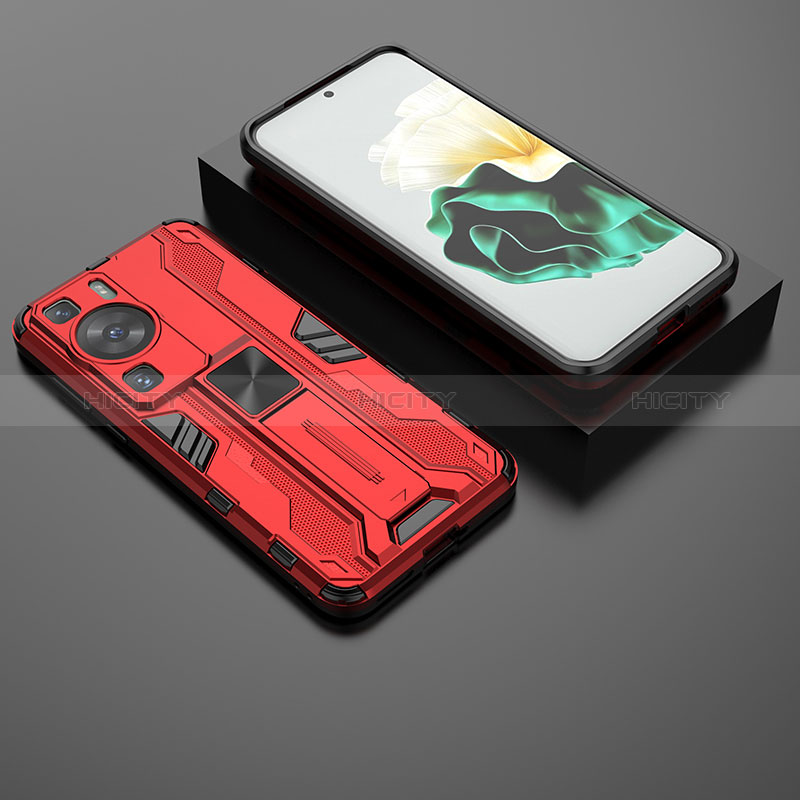 Funda Bumper Silicona y Plastico Mate Carcasa con Magnetico Soporte KC2 para Huawei P60 Pro Rojo