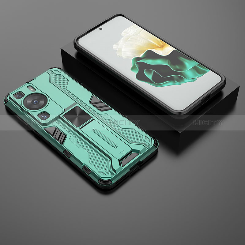 Funda Bumper Silicona y Plastico Mate Carcasa con Magnetico Soporte KC2 para Huawei P60 Pro Verde