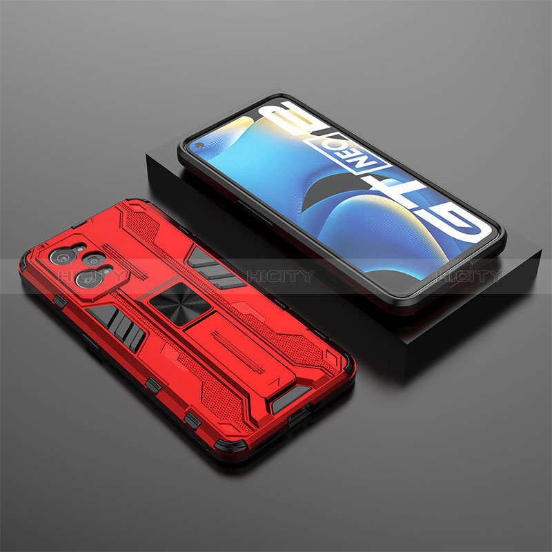 Funda Bumper Silicona y Plastico Mate Carcasa con Magnetico Soporte KC2 para Realme Q5 Pro 5G Rojo