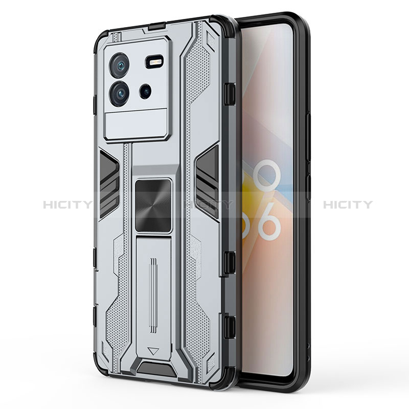 Funda Bumper Silicona y Plastico Mate Carcasa con Magnetico Soporte KC2 para Vivo iQOO Neo6 SE 5G Gris