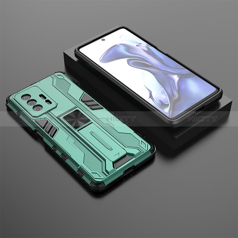 Funda Bumper Silicona y Plastico Mate Carcasa con Magnetico Soporte KC2 para Xiaomi Mi 11T Pro 5G Verde