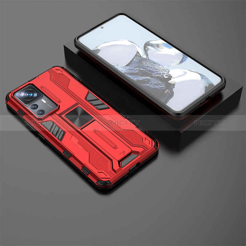 Funda Bumper Silicona y Plastico Mate Carcasa con Magnetico Soporte KC2 para Xiaomi Mi 12T Pro 5G Rojo