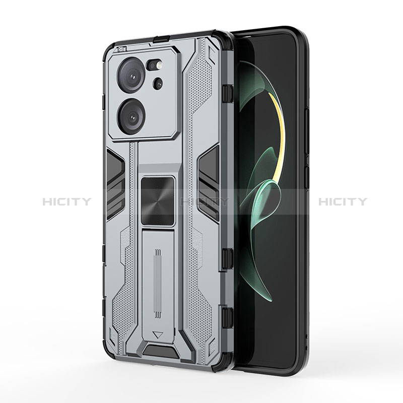 Funda Bumper Silicona y Plastico Mate Carcasa con Magnetico Soporte KC2 para Xiaomi Mi 13T 5G Gris