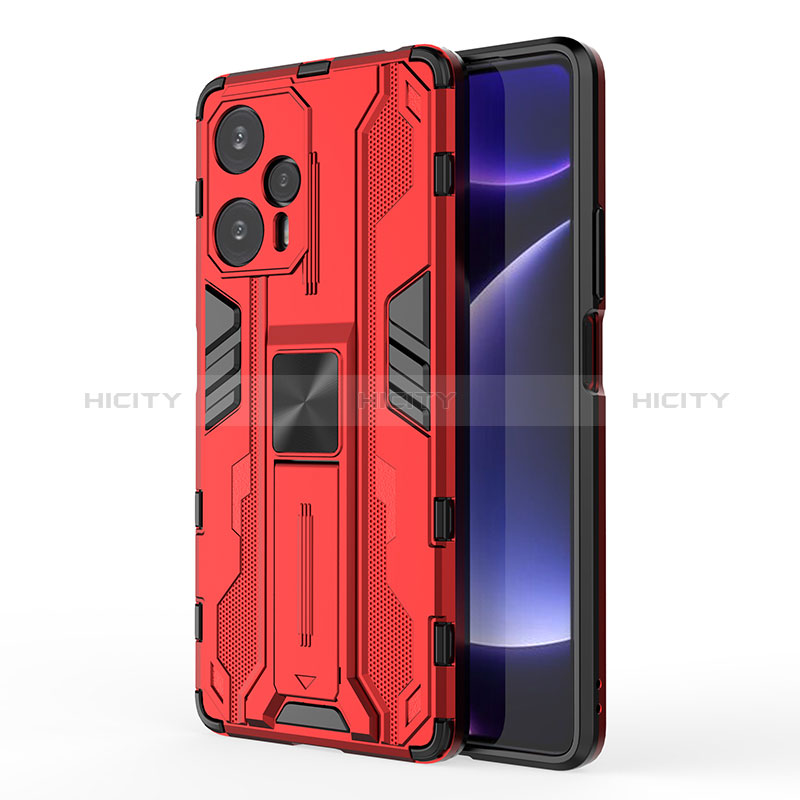 Funda Bumper Silicona y Plastico Mate Carcasa con Magnetico Soporte KC2 para Xiaomi Poco F5 5G Rojo