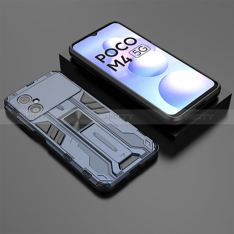 Funda Bumper Silicona y Plastico Mate Carcasa con Magnetico Soporte KC2 para Xiaomi Poco M4 5G Azul