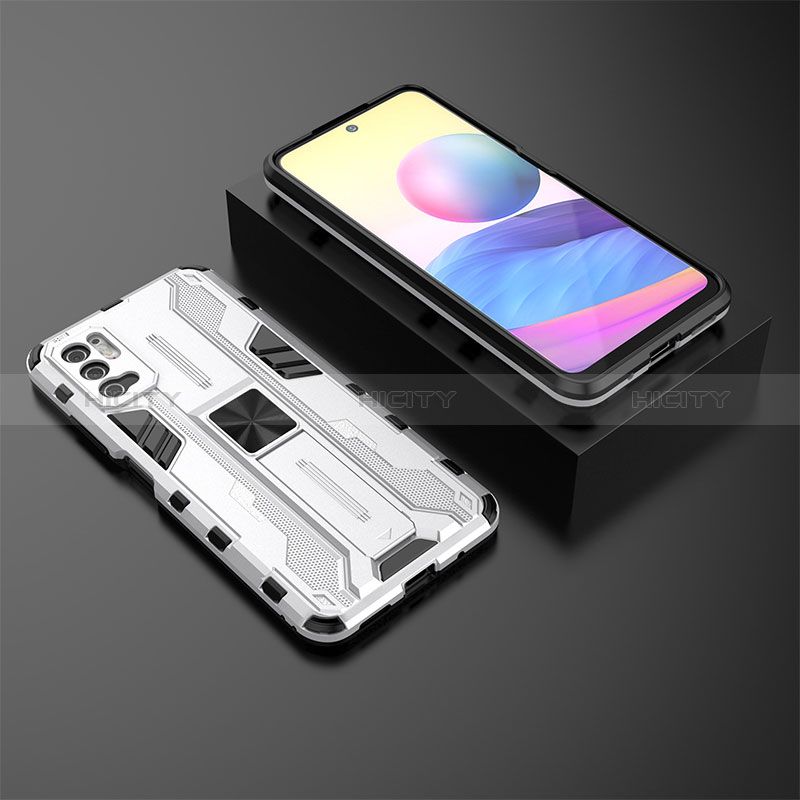 Funda Bumper Silicona y Plastico Mate Carcasa con Magnetico Soporte KC2 para Xiaomi Redmi Note 10 5G Blanco