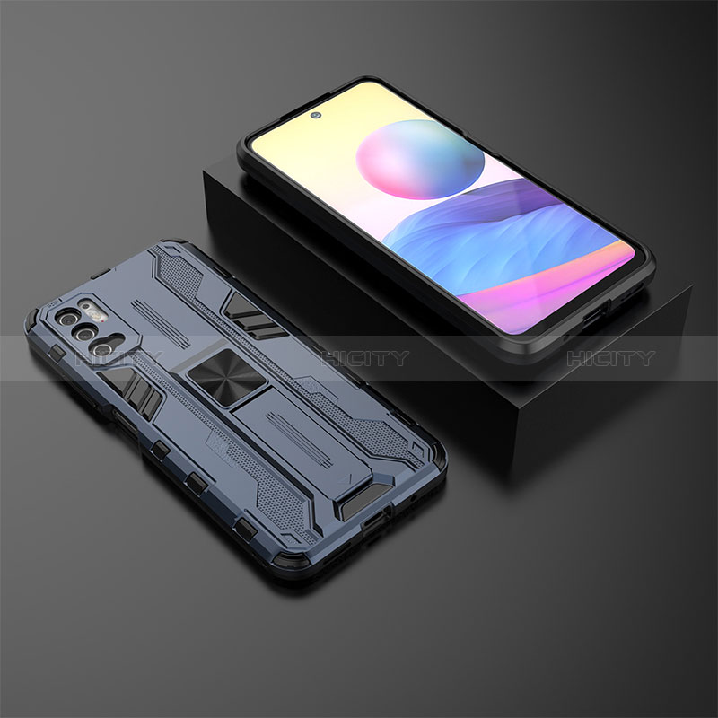 Funda Bumper Silicona y Plastico Mate Carcasa con Magnetico Soporte KC2 para Xiaomi Redmi Note 10T 5G Azul