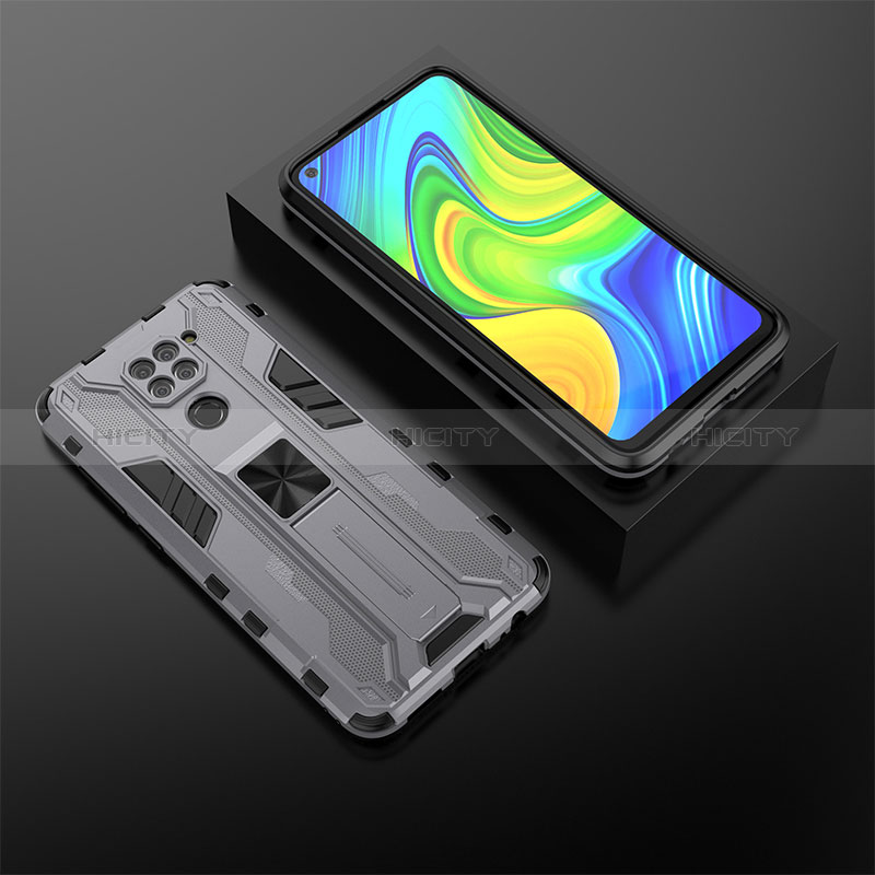 Funda Bumper Silicona y Plastico Mate Carcasa con Magnetico Soporte KC2 para Xiaomi Redmi Note 9 Gris