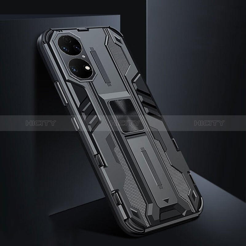 Funda Bumper Silicona y Plastico Mate Carcasa con Magnetico Soporte KC3 para Huawei P50 Negro