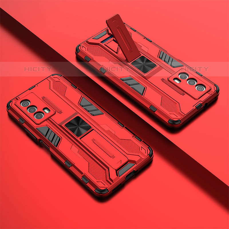 Funda Bumper Silicona y Plastico Mate Carcasa con Magnetico Soporte KC3 para Vivo iQOO Z5 5G Rojo