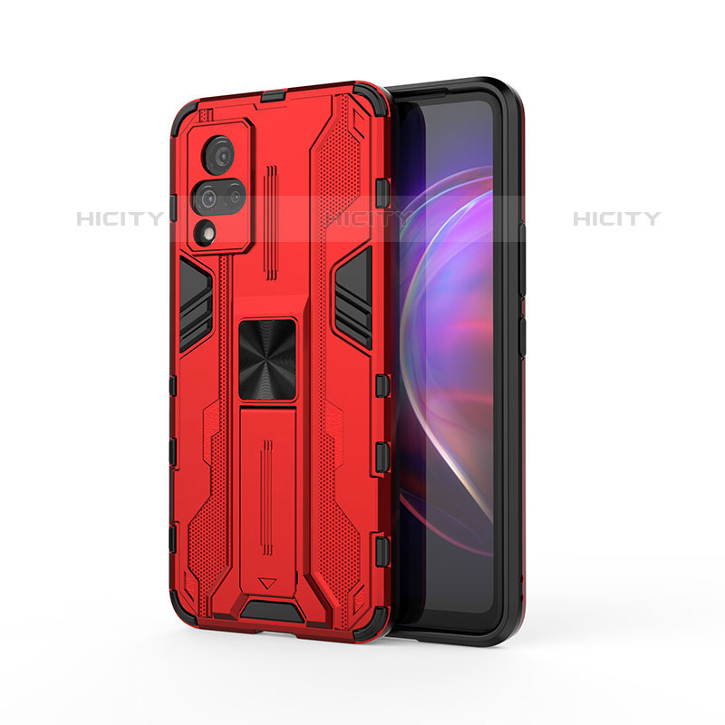 Funda Bumper Silicona y Plastico Mate Carcasa con Magnetico Soporte KC3 para Vivo V21s 5G Rojo