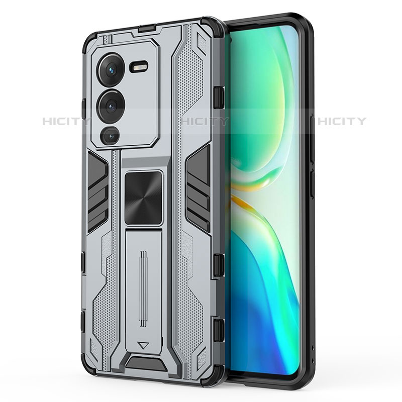 Funda Bumper Silicona y Plastico Mate Carcasa con Magnetico Soporte KC3 para Vivo V25 Pro 5G Gris