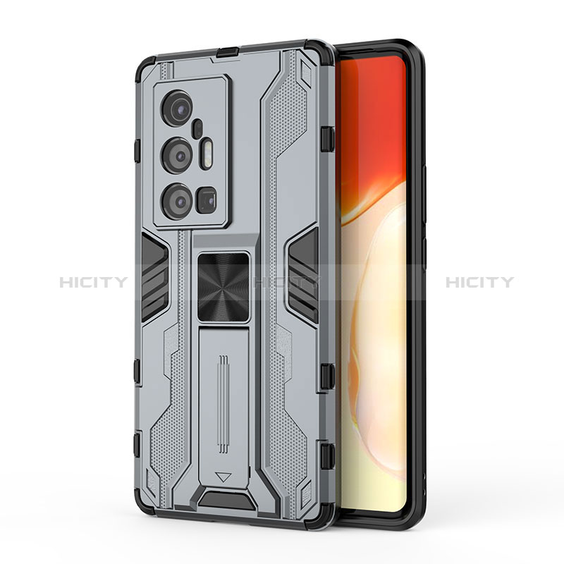 Funda Bumper Silicona y Plastico Mate Carcasa con Magnetico Soporte KC3 para Vivo X70 Pro+ Plus 5G Gris