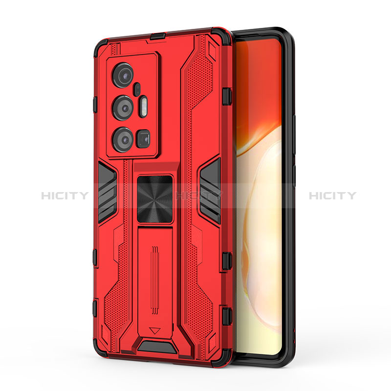 Funda Bumper Silicona y Plastico Mate Carcasa con Magnetico Soporte KC3 para Vivo X70 Pro+ Plus 5G Rojo