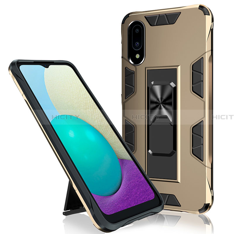 Funda Bumper Silicona y Plastico Mate Carcasa con Magnetico Soporte MQ1 para Samsung Galaxy A02 Oro