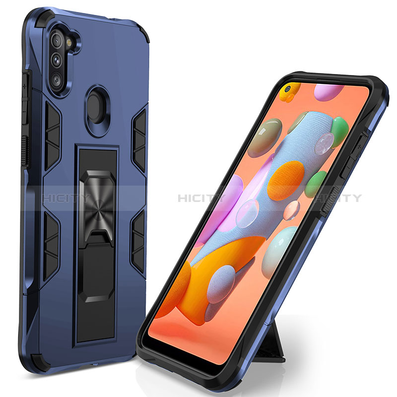 Funda Bumper Silicona y Plastico Mate Carcasa con Magnetico Soporte MQ1 para Samsung Galaxy A11 Azul