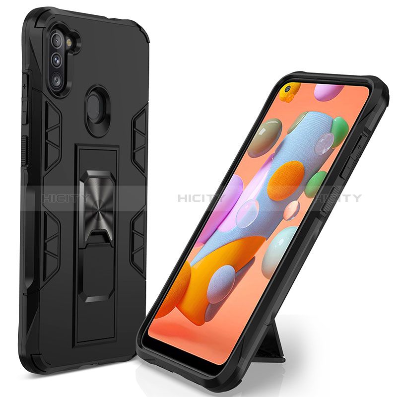 Funda Bumper Silicona y Plastico Mate Carcasa con Magnetico Soporte MQ1 para Samsung Galaxy A11 Negro