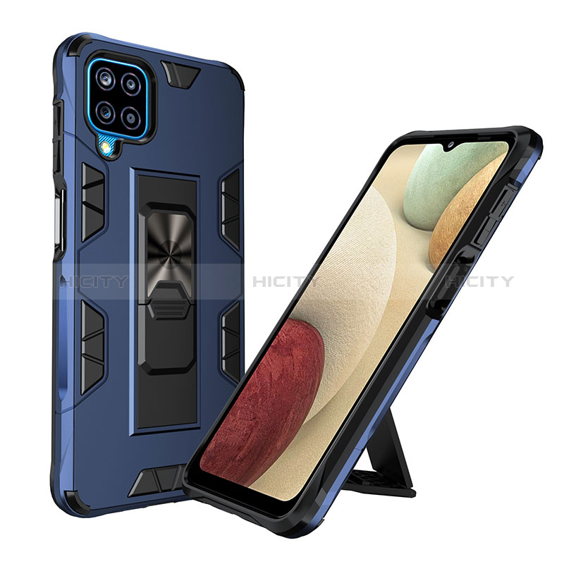 Funda Bumper Silicona y Plastico Mate Carcasa con Magnetico Soporte MQ1 para Samsung Galaxy A12 Azul