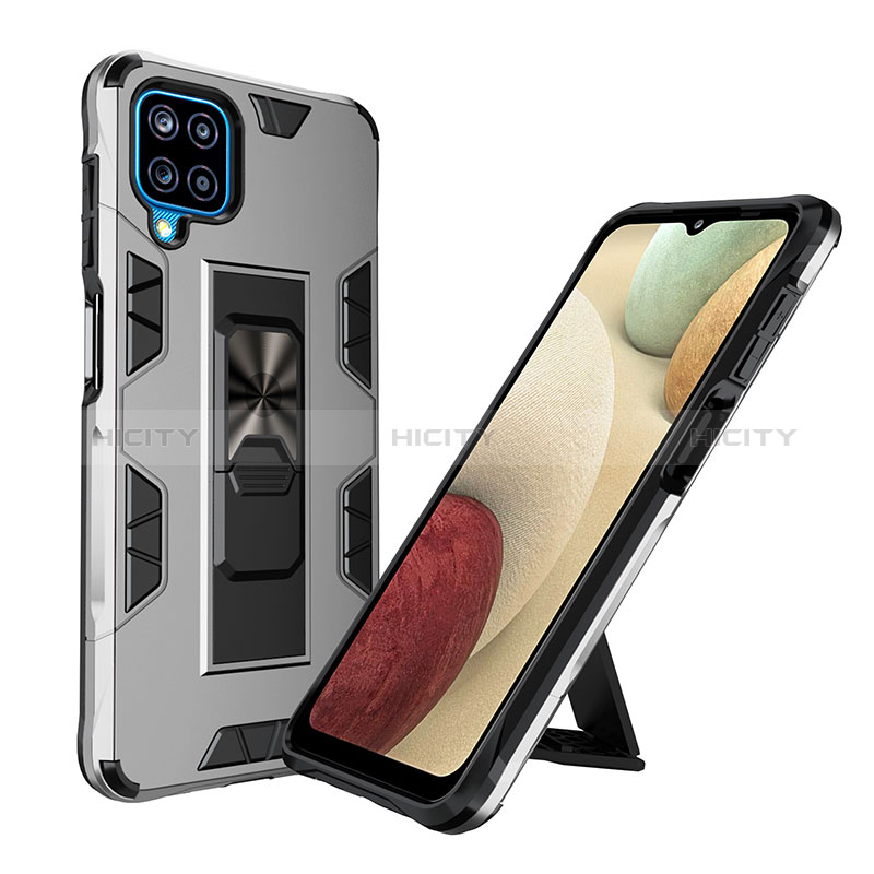 Funda Bumper Silicona y Plastico Mate Carcasa con Magnetico Soporte MQ1 para Samsung Galaxy A12 Nacho Plata