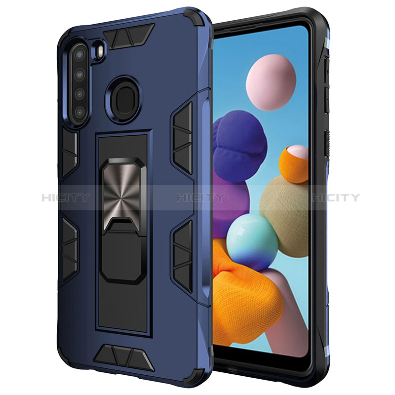 Funda Bumper Silicona y Plastico Mate Carcasa con Magnetico Soporte MQ1 para Samsung Galaxy A21 Azul