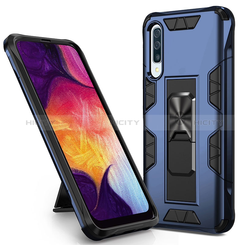 Funda Bumper Silicona y Plastico Mate Carcasa con Magnetico Soporte MQ1 para Samsung Galaxy A30S Azul