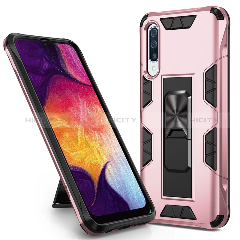 Funda Bumper Silicona y Plastico Mate Carcasa con Magnetico Soporte MQ1 para Samsung Galaxy A30S Oro Rosa