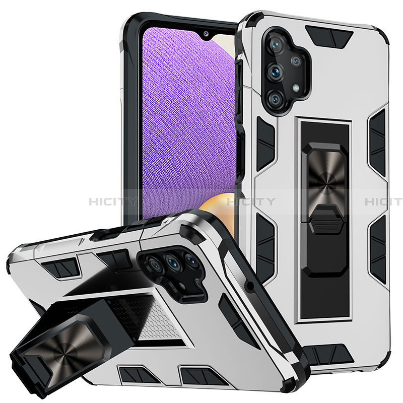 Funda Bumper Silicona y Plastico Mate Carcasa con Magnetico Soporte MQ1 para Samsung Galaxy A32 4G Plata