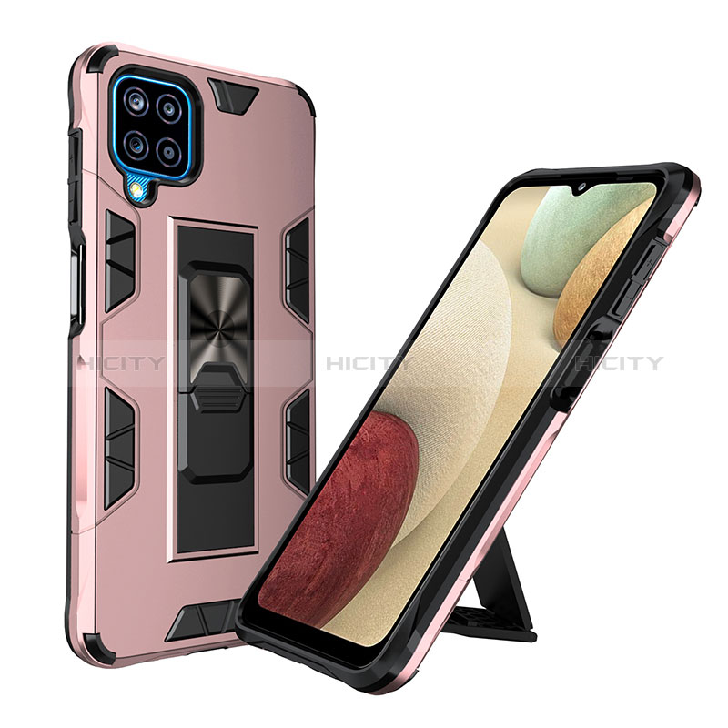 Funda Bumper Silicona y Plastico Mate Carcasa con Magnetico Soporte MQ1 para Samsung Galaxy F12 Oro Rosa