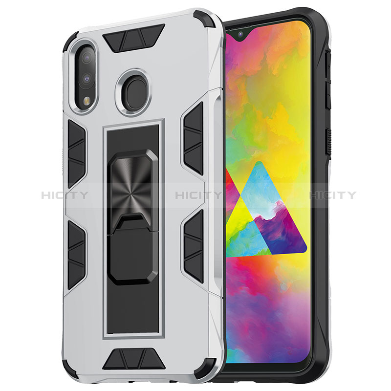 Funda Bumper Silicona y Plastico Mate Carcasa con Magnetico Soporte MQ1 para Samsung Galaxy M20 Plata