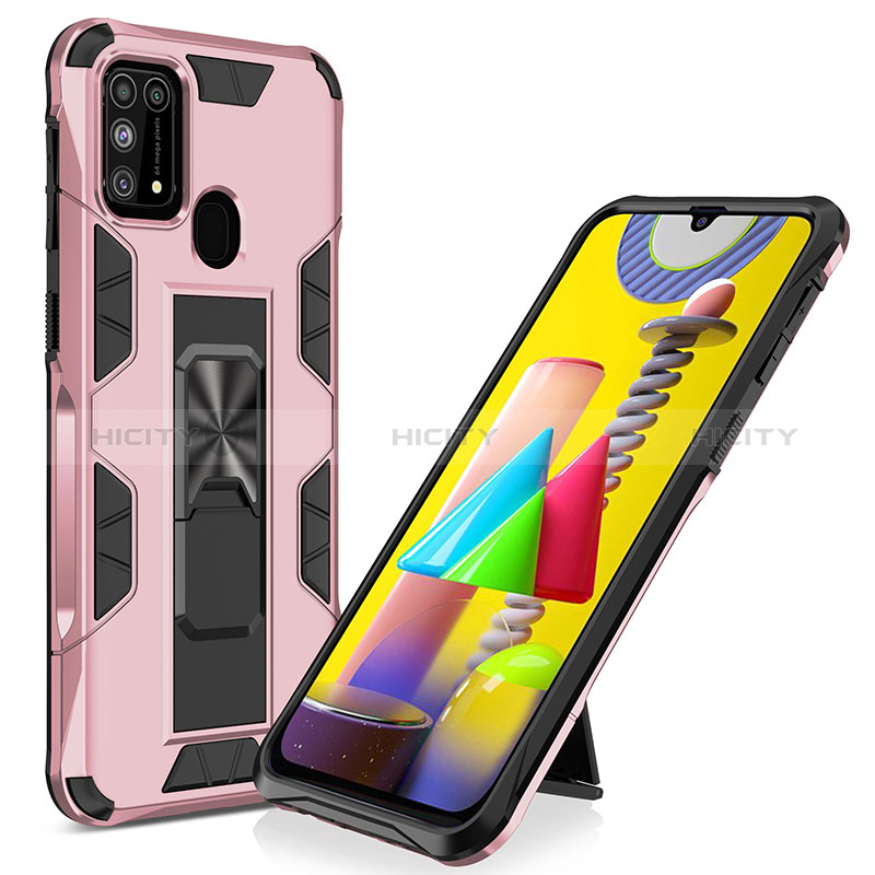 Funda Bumper Silicona y Plastico Mate Carcasa con Magnetico Soporte MQ1 para Samsung Galaxy M21s Oro Rosa