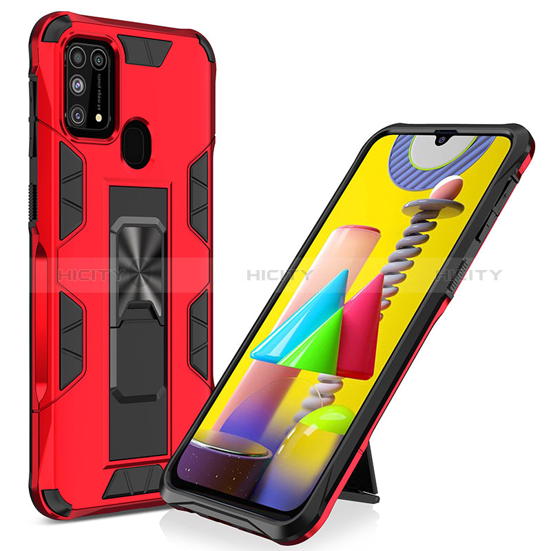 Funda Bumper Silicona y Plastico Mate Carcasa con Magnetico Soporte MQ1 para Samsung Galaxy M21s Rojo