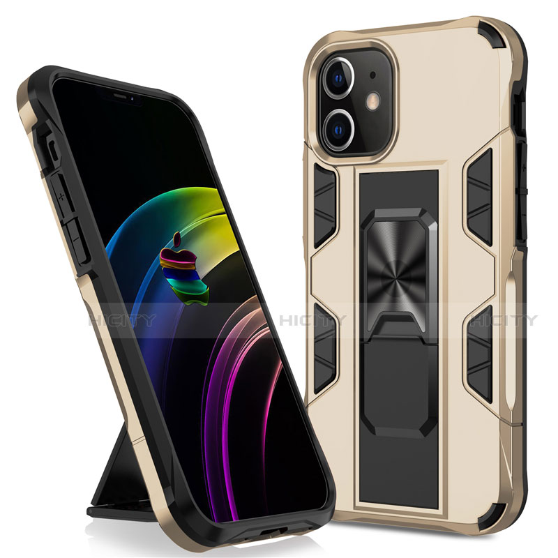 Funda Bumper Silicona y Plastico Mate Carcasa con Magnetico Soporte para Apple iPhone 12 Mini Oro