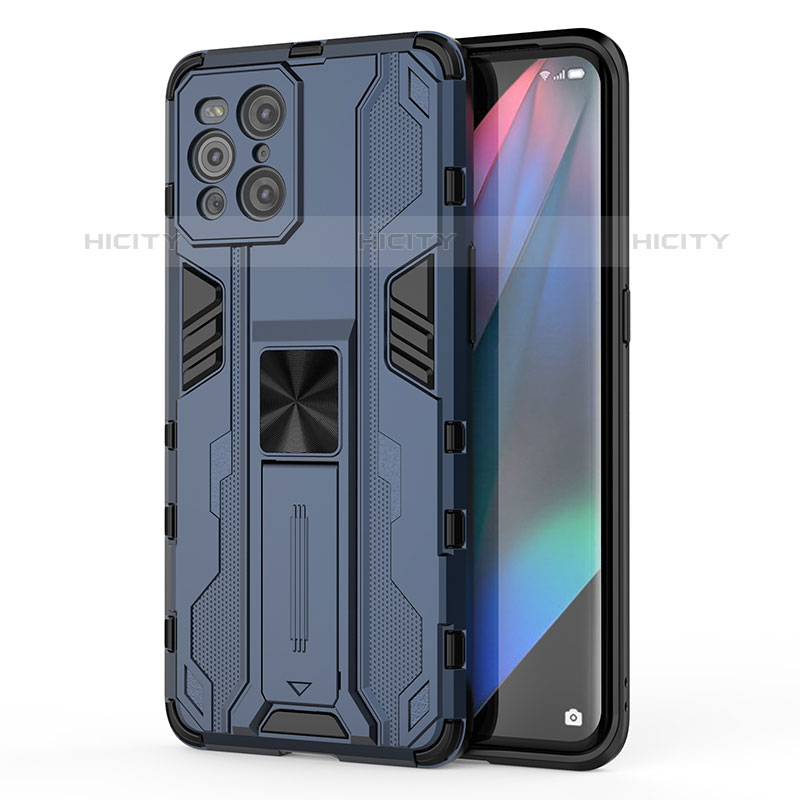 Funda Bumper Silicona y Plastico Mate Carcasa con Magnetico Soporte para Oppo Find X3 Pro 5G Azul