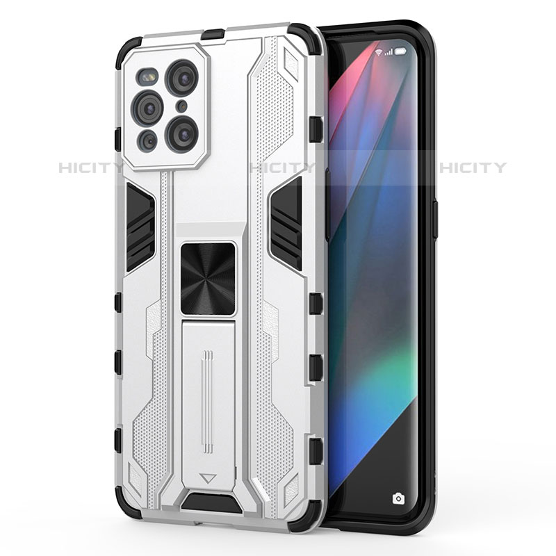 Funda Bumper Silicona y Plastico Mate Carcasa con Magnetico Soporte para Oppo Find X3 Pro 5G Blanco