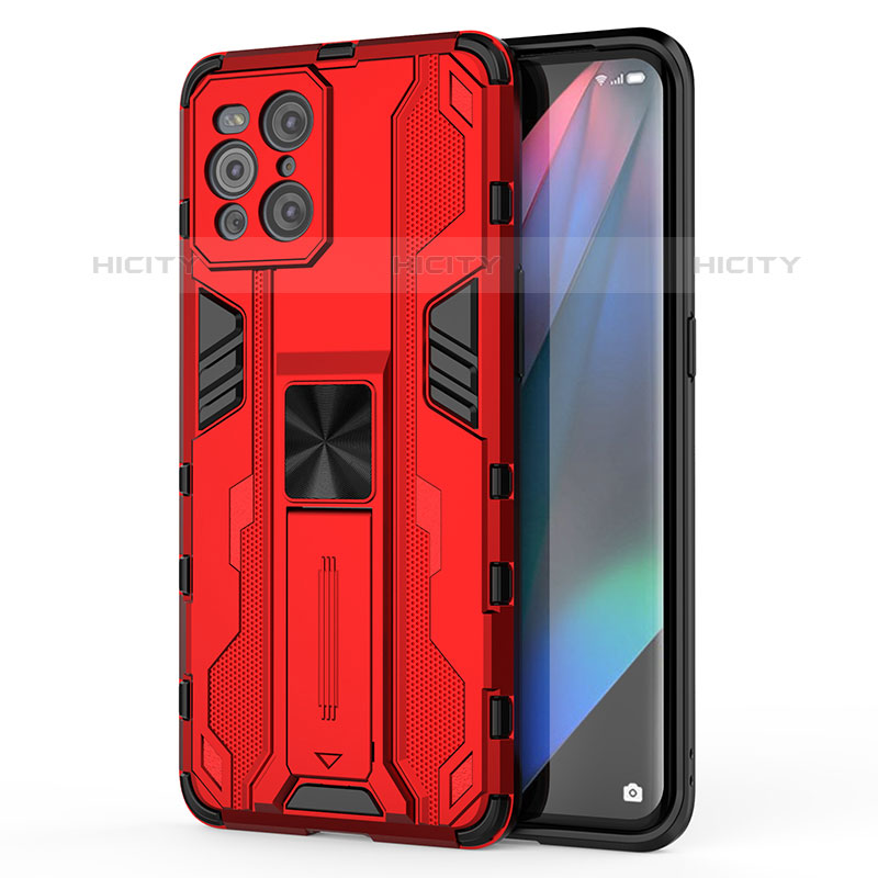 Funda Bumper Silicona y Plastico Mate Carcasa con Magnetico Soporte para Oppo Find X3 Pro 5G Rojo