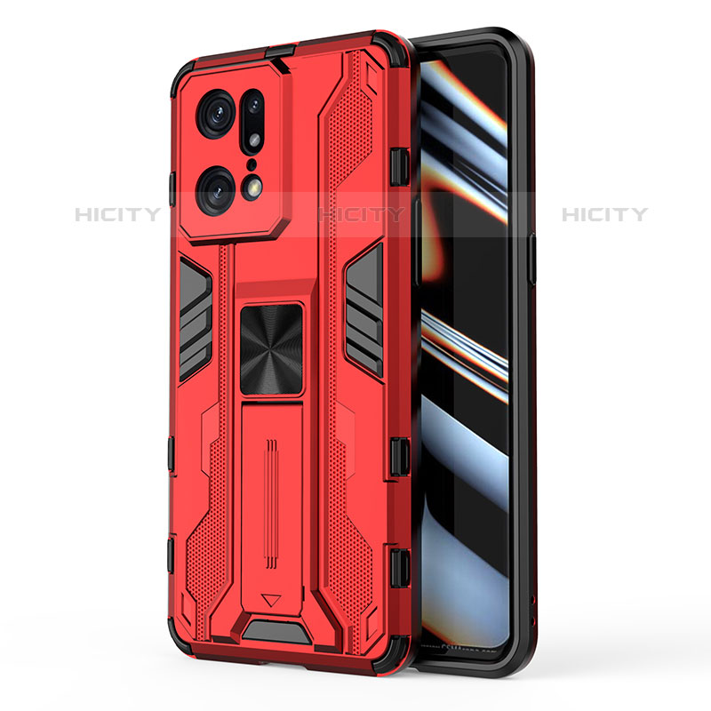 Funda Bumper Silicona y Plastico Mate Carcasa con Magnetico Soporte para Oppo Find X5 Pro 5G Rojo